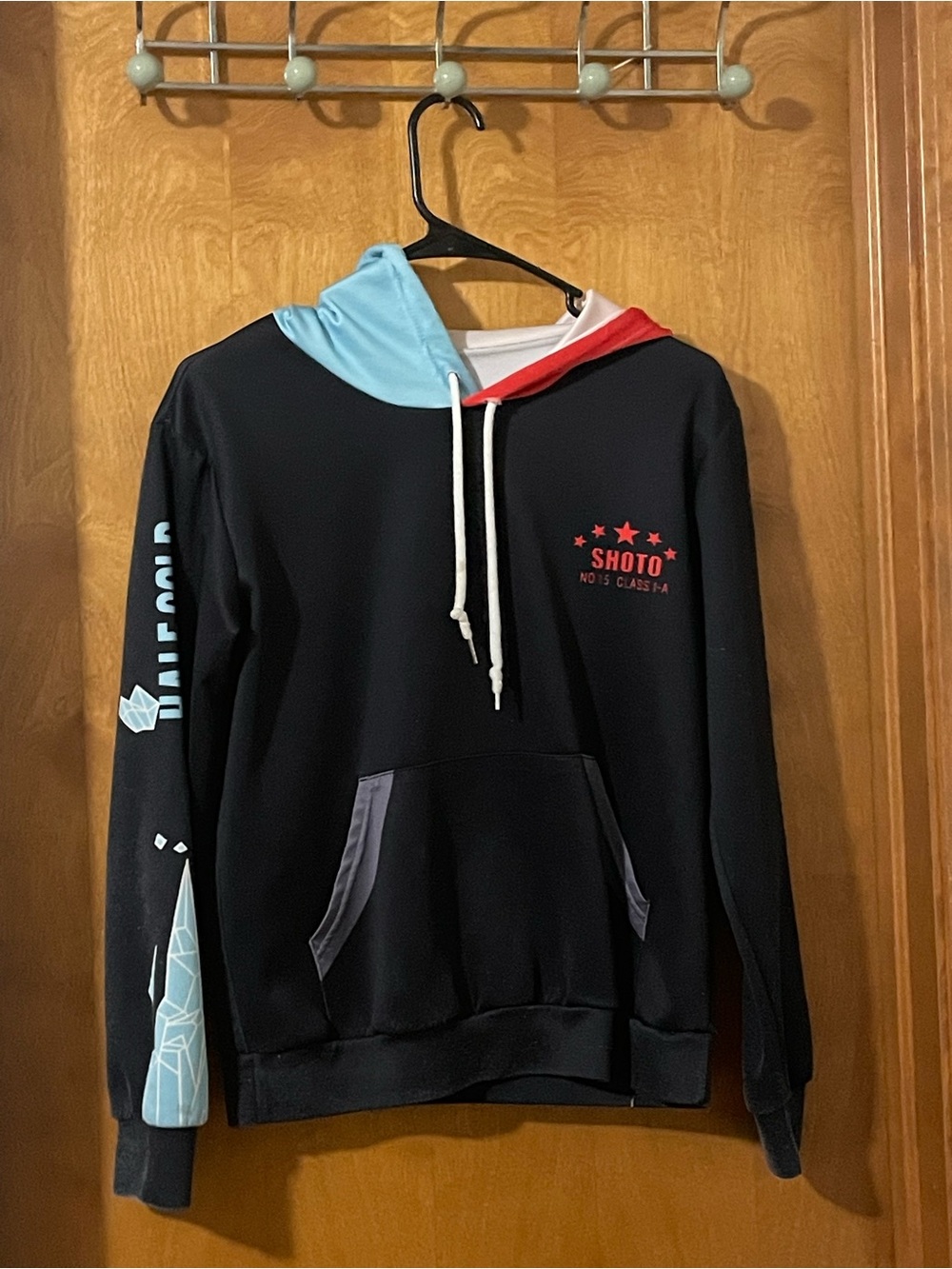 Black Pullover Hoodie with Light Blue & Red Hood